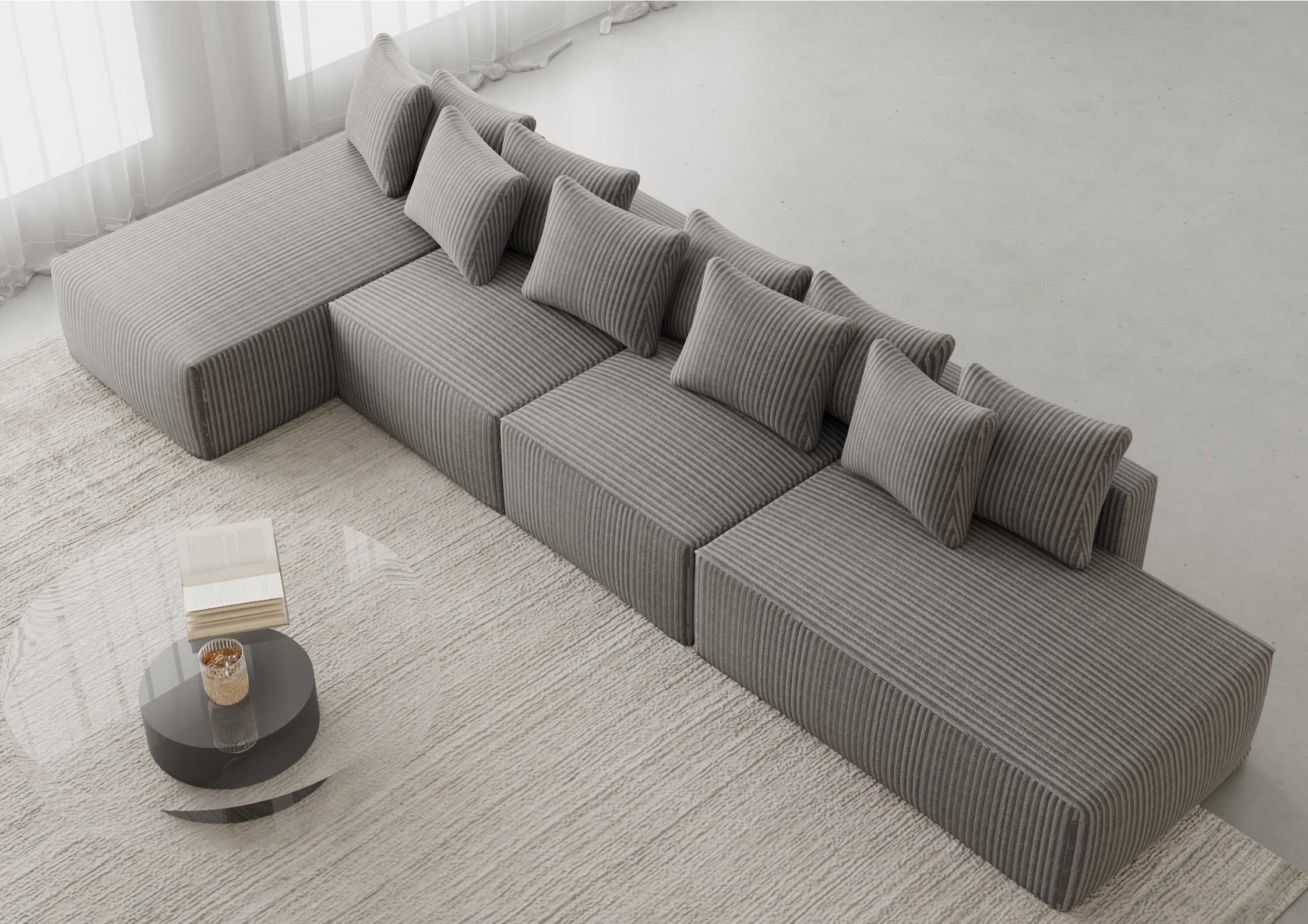 Duży narożnik wolnostojący z funkcją spania materiał sztruks kolor szary